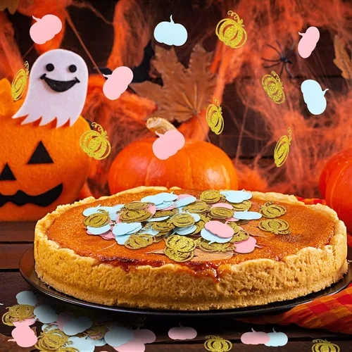 Vista 5 de 500 piezas de decoración de otoño para revelación de género, confeti de calabaza, suministros de fiesta de baby shower, confeti con purpurina