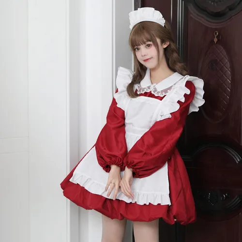 Vista 6 de QIGUANDZ Delantal de sirvienta francesa de anime para mujer, vestido de Lolita, vestido de cosplay de manga larga con volantes