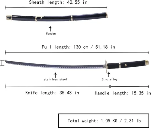 Vista 3 de Sword fort Carbon Steel Roronoa Zoro Swords Real Metal About 41 inches Katana Anime Cosplay SwordYama Enma Arashi Death Surgeon Trafalgar Law