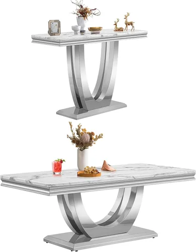 Vista 31 de SSLine Moderna mesa de centro de 1 pieza para sala de estar, mesa de centro de lujo de mármol sintético con patas de acero inoxidable en forma de S