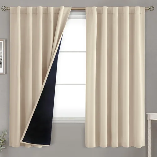 Vista 134 de BGment Cortinas 100% opacas beige de 63 pulgadas de largo con forro aislante térmico, bolsillo para varilla y lengüeta trasera de doble capa