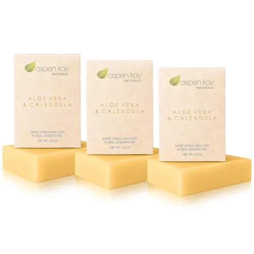Vista 10 de Aspen Kay Naturals Jabón de aloe vera y caléndula, ingredientes naturales y orgánicos, aloe vera orgánico, jabón de caléndula y cúrcuma. Uso