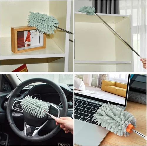 Vista 9 de Plumero de microfibra retráctil verde para limpiar plumero de mano extensible lavable plumero herramienta de limpieza para limpieza de oficina
