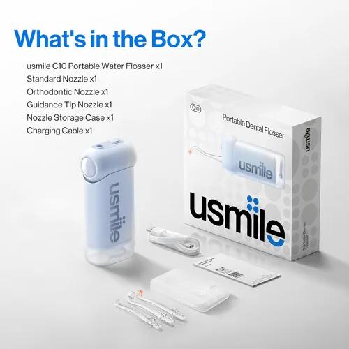 Vista 9 de Paquete 3 en 1: irrigador dental portátil usmile C10 azul, boquillas tipo S y estuche de viaje, juego completo de cuidado bucal para el hogar