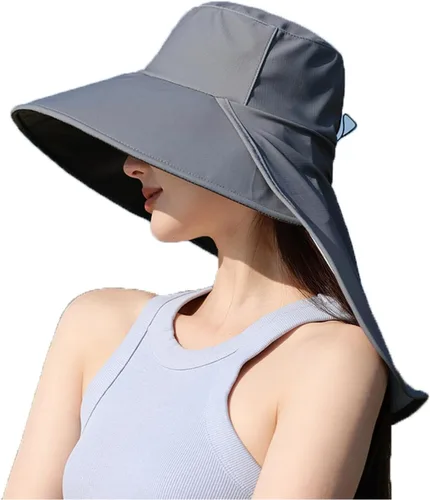 Vista 2 de Sombrero de sol de ala súper ancha para mujer, UPF50+, para pesca, senderismo, camping, protección solar UV, plegable, con solapa para el cuello