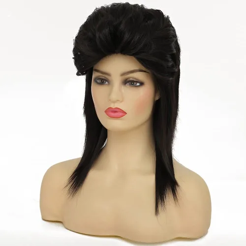 Vista 3 de Swiking Pelucas negras de salmonete para mujer, rizado hasta el hombro, pelo esponjoso de los años 70 y 80, Rocker Party Cosplay Pelucas sintéticas