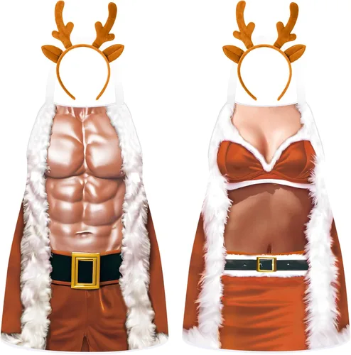 Vista 9 de 4 Piezas de Delantales de Navidad con Sombreros para Mujeres y Hombres, Delantales de Cocina Ajustables Divertidos para Cocinar para BBQ y Fiesta