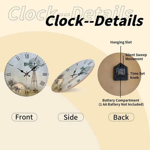 Vista 8 de Windmill House Wooden Wall Clock with Roman Numerals for Retro Decor 25 * 25cm