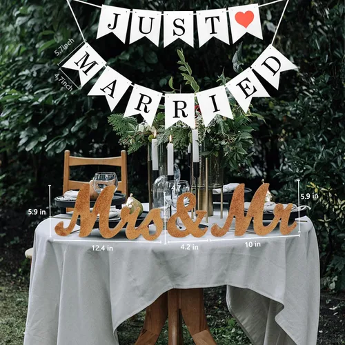 Vista 4 de Letras de madera y pancarta para boda - Just Married & Mr. & Ms. Decoración - Oro champán