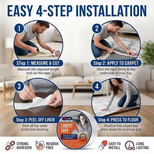 Vista 3 de Eterart Cinta Adhesiva de Doble Cara Resistente para Alfombras de Área, Pisos de Baldosas y Madera Dura, Sobre Alfombra, Cinta para Alfombras