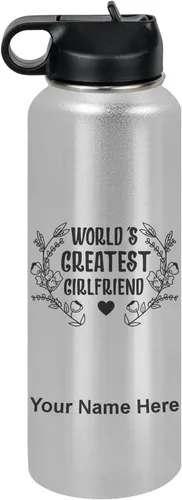 Vista 15 de LaserGram Botella de agua personalizada, World's Greatest Girlfriend, acero inoxidable de doble pared aislada al vacío con popote superior, regalo