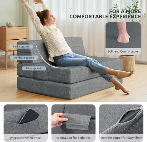 Vista 5 de Youzi Sofá Cama Plegable Queen, Sofá de Suelo de Espuma de 6 Pulgadas y Colchón Plegable con Funda Lavable, Sofá Desplegable para Huéspedes, Camping