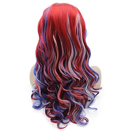 Vista 3 de Mxangel Peluca larga ondulada con encaje frontal azul, rojo y blanco, mezcla colorida para fiesta de cosplay