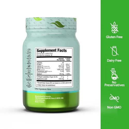 Vista 2 de ORZAX Polvo de péptidos de colágeno Bovino alimentado con pasto hidrolizado tipo I y III con biotina y ácido hialurónico Suplemento de colágeno