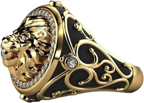 Vista 6 de Anillo de oro de moda con cabeza de león para hombre, anillo de león vikingo nórdico, anillo de león, joyería de león, anillo gótico de cruz