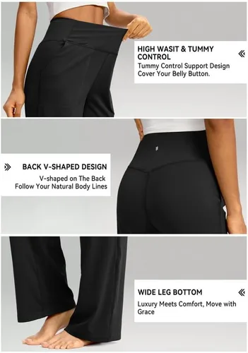 Vista 5 de Soothfeel Pantalones de pierna ancha para mujer, pantalones de trabajo de yoga con bolsillos, cintura alta, pantalones de vestir, pantalones