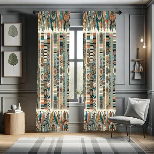 Vista 17 de Ambesonne Paquete de 2 cortinas para ventana con estampado de hojas, arte botánico con hojas, mosaico, detalles cuadrados cúbicos, naturaleza