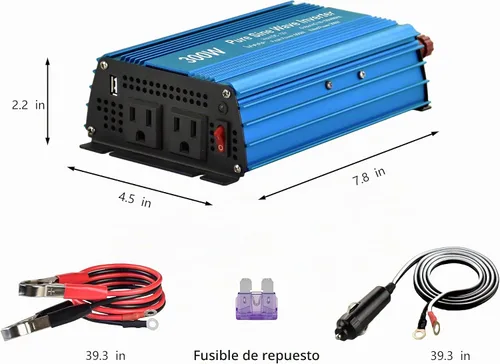 Vista 2 de Inversor de corriente de onda sinusoidal pura de DC 12V a AC120V de 300W con salida de enchufes dobles y salida USB de DC 5V 2 amperios. Ideal