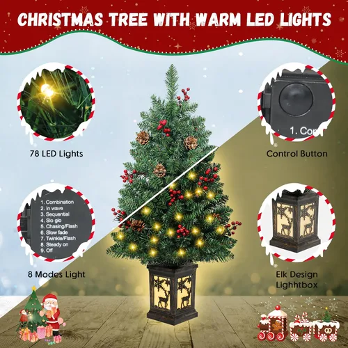 Vista 5 de 2 piezas árbol de Navidad de 3 pies con luces, pequeño árbol de Navidad artificial de PVC preiluminado de Navidad con 78 luces LED cálidas, bayas 3