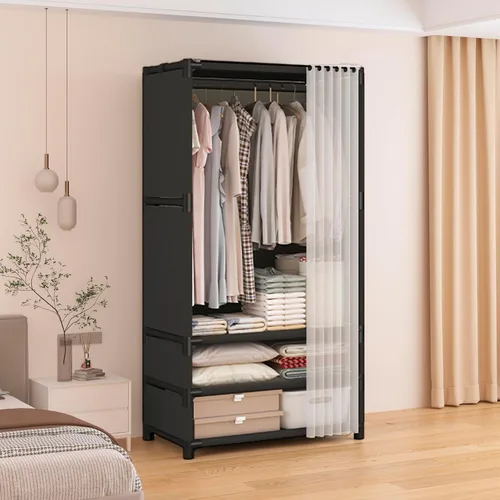 Vista 4 de Armario portátil para colgar ropa, armario de estilo japonés, perchero con 1 varillas para colgar, 2 estantes de almacenamiento, 27.5 pulgadas