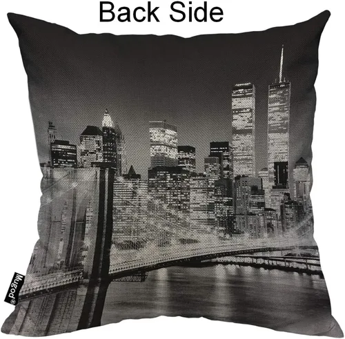 Vista 2 de Mugod Funda de almohada con diseño de ciudad de Nueva York, paisaje nocturno, puente de edificio, color negro y blanco, funda de cojín de lino