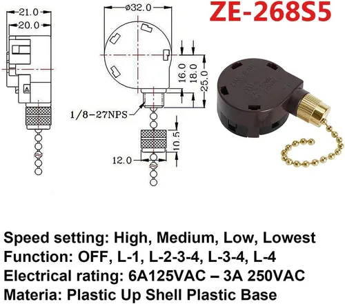 Vista 2 de Interruptor de ventilador de techo Zing Ear ZE-268S5, interruptor de 4 velocidades de 5 cables, control de velocidad de repuesto de luz de Latón