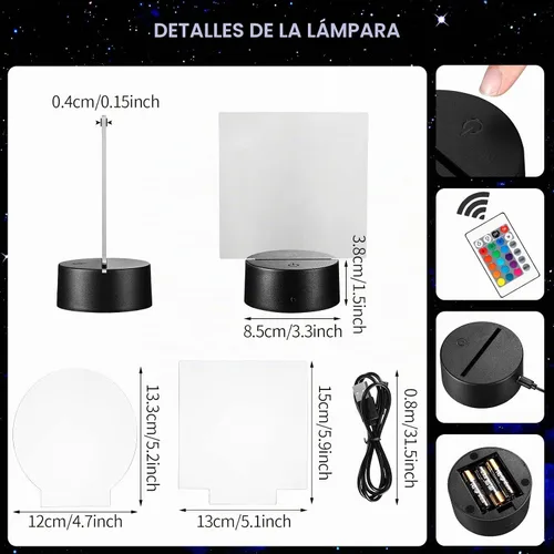 Vista 2 de Honoson 4 Piezas Bases de Lámpara LED Nocturna 3D con 4 Piezas Láminas de Acrílico Transparente Control Remoto Cable USB Ajustable 16 Colores 4