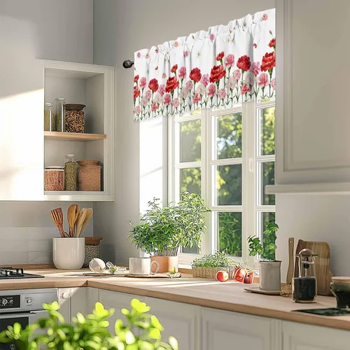 Vista 4 de Cenefa floral para ventanas, cortinas de clavel rojo y rosa, cenefas con bolsillo para barra, cenefa de ventana para primavera, vacaciones, día