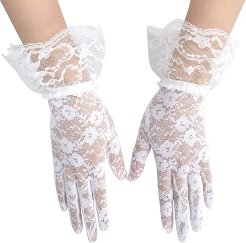 Vista 2 de Onwon Guantes de encaje transparentes elegantes para mujer, guantes de verano de cortesía, Blanco, M