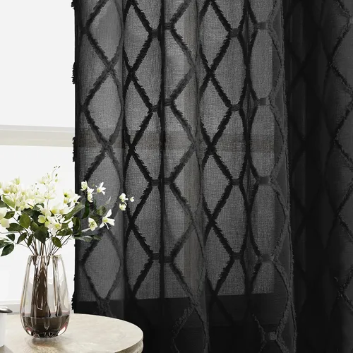 Vista 4 de Cortinas transparentes negras Hokibero de 96 pulgadas de largo, juego de 2 paneles con pestaña trasera, filtro de luz, cortinas