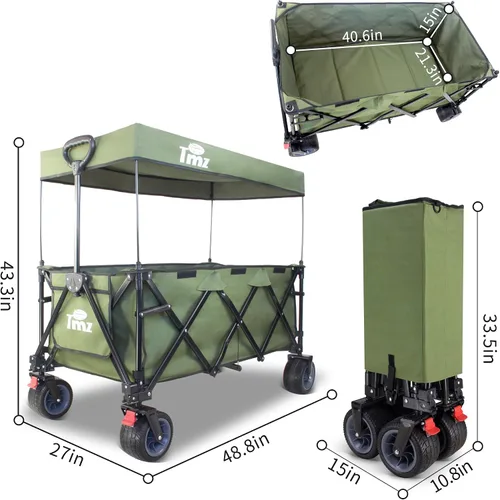 Vista 7 de TMZ Carro plegable de 445L extra grande para exteriores, carritos de servicio pesado plegables con ruedas grandes todo terreno, toldo y frenos