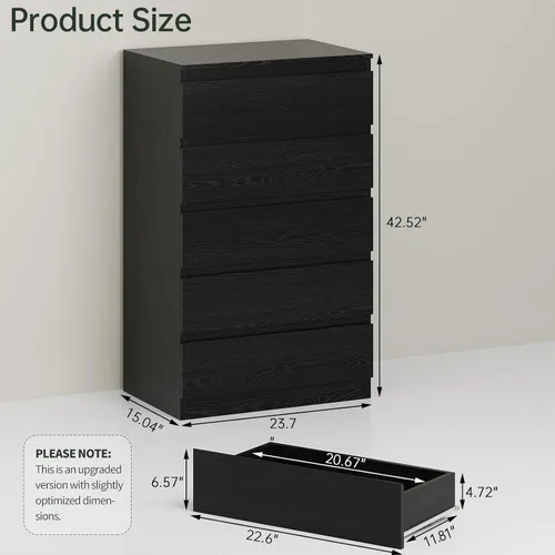 Vista 2 de OtterOasis Cómoda de madera negra para dormitorio, 5 cajones para almacenamiento de ropa, cómoda moderna con cajones anchos, cómoda de madera amplia