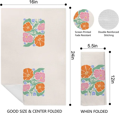 Vista 2 de Toallas de cocina bohemias con diseño floral, estilo retro de los años 70, diseño de flores bohemias decorativas para baño, toallas de cocina