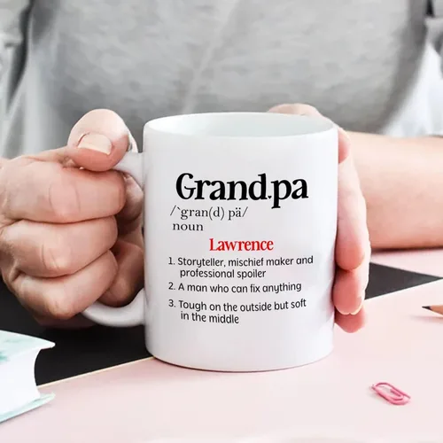 Vista 5 de Taza de café blanca personalizada de 11 onzas, 15 onzas, taza de definición de abuelo, taza de viaje única para abuelo, regalos para cumpleaños