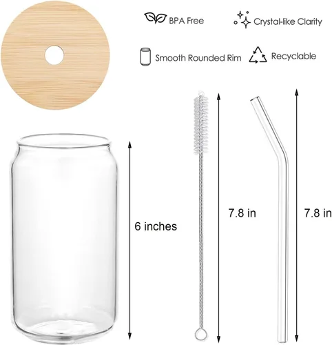 Vista 3 de Juego de 4 vasos para beber, vasos en forma de lata con tapas de bambú y popote de vidrio, vasos de cerveza de 16 onzas, vaso, tazas de vino