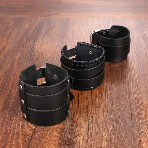 Vista 3 de Cupimatch 3 pulseras de cuero ajustables negras, pulsera de cuero ancho punk rock para hombres para el día del padre