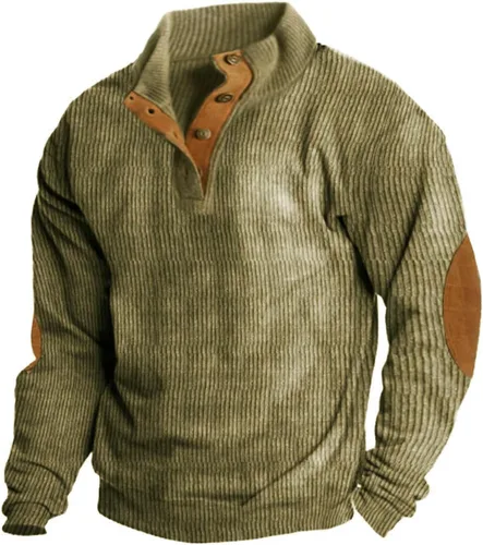 Vista 2 de CRNTCEM Mens Long Sleeve Waffle Henley Shirts Loose 14 Button&Zipper Colorblock Corduroy Pullover Tops with Elbow Patches