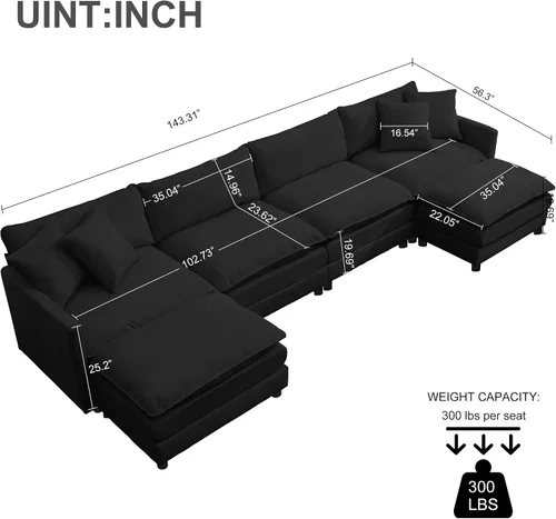 Vista 2 de Sofá modular convertible seccional, sofá de 4 asientos en forma de L con diván reversible, sofá de nube de asiento profundo, sofá cama 3 en 1, tela