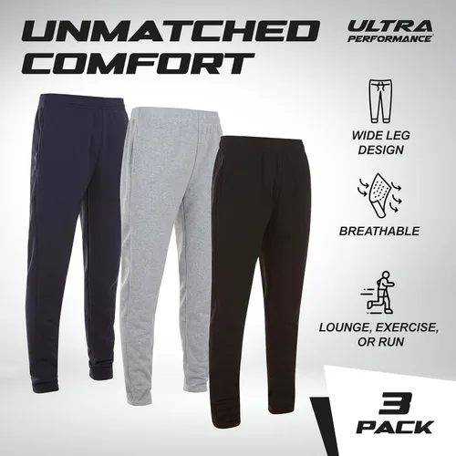 Vista 5 de Ultra Performance 3 Pack Mens Fleece Wide Leg Sweatpants with Pockets, Open Bottom Workout Sweatpants for Men