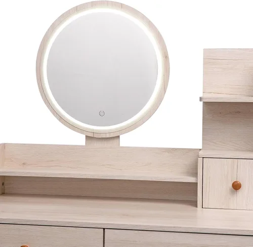 Vista 9 de Juego de mesa de tocador y taburete, escritorio de tocador con espejo LED de control táctil, longitud ajustable, juego de tocador para dormitorio