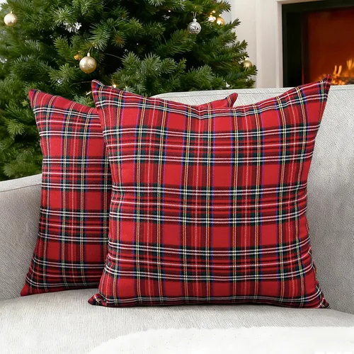 Vista 13 de Juego de 2 fundas de almohada lumbar de Navidad para exteriores de tartán Tartán lumbar marrón