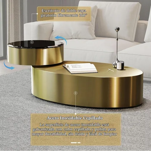 Vista 5 de Mesa auxiliar giratoria ovalada dorada, mesa central de lujo moderna de 2 niveles con parte superior redonda giratoria de 360°, mesa de té con base