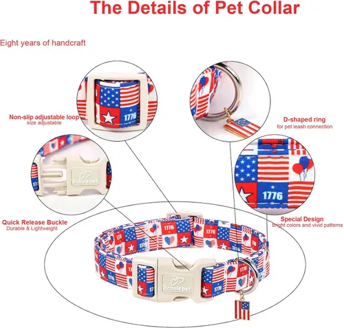 Vista 3 de Collar para perros del 4 de julio, collares patrióticos azules para cachorros y perros pequeños, ligero y ajustable 1776 collares para cachorros