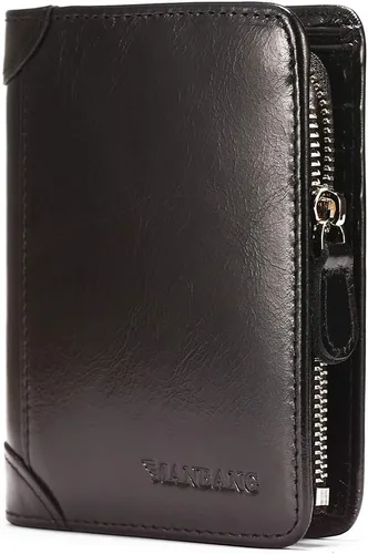 Vista 25 de Billetera para hombre con cremallera de cuero genuino RFID tarjeteros de piel de vaca con cremallera bolsillo para monedas, carteras plegables
