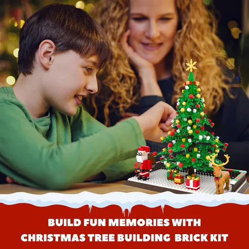 Vista 2 de Juego de construcción de árbol de Navidad, figuras de Papá Noel y reno, bloques de construcción, para niños de 6 años en adelante, niños, niñas