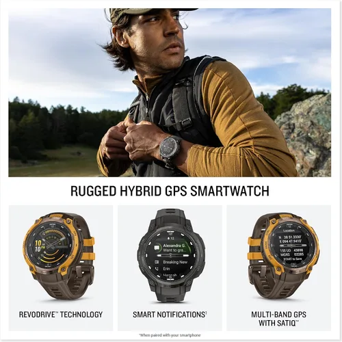 Vista 4 de Garmin Instinct® Crossover AMOLED, resistente reloj inteligente híbrido con GPS con manecillas de reloj analógicas y pantalla AMOLED brillante