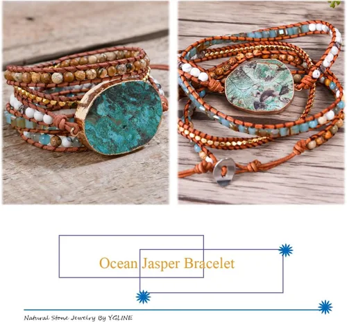 Vista 3 de Ygline Pulsera bohemia hecha a mano, con piedra de cristal, envolvente, de cuero, para mujer