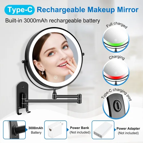 Vista 2 de Espejo de maquillaje iluminado recargable de 9 pulgadas, espejo de aumento de doble cara 1X/10X con 3 luces de color regulables, espejo de baño