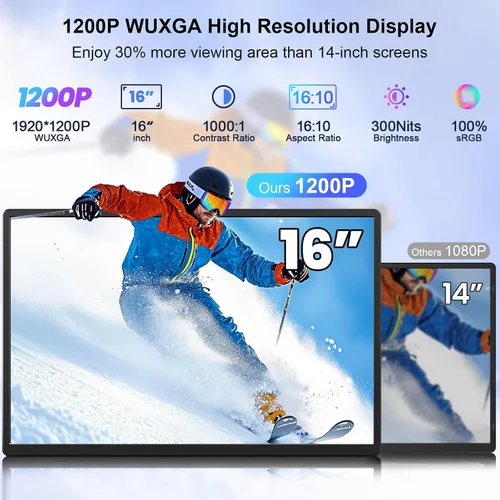 Vista 3 de Extensor de pantalla para portátil de 16", monitor portátil IPS Negro