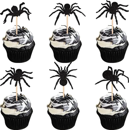 Vista 23 de 30 piezas de decoración de murciélagos de Halloween para cupcakes de murciélago con purpurina negra para Halloween, decoración de pasteles de Negro